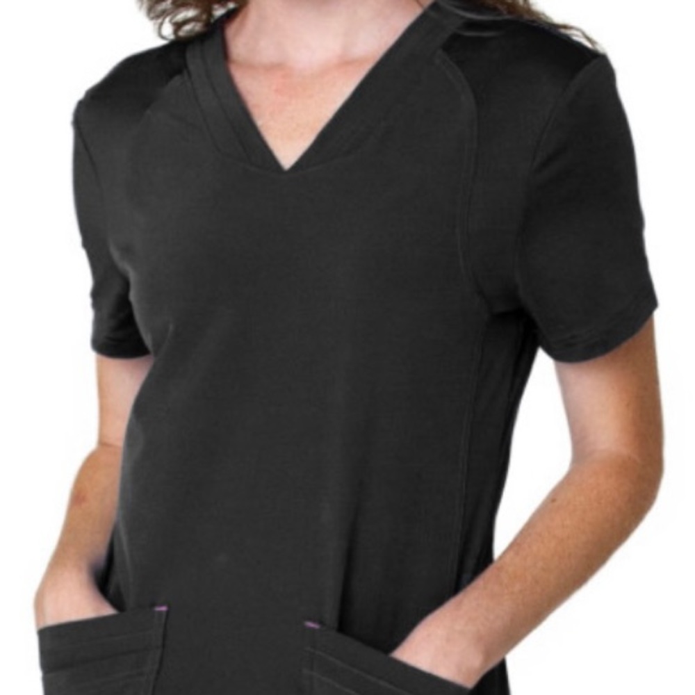 Smitten miracle v-neck black scrub top, black w/pink accents, XL, like new